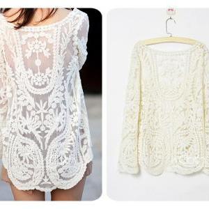 Xcloth Women Lace Floral Tops Blouse T001 Sheer..