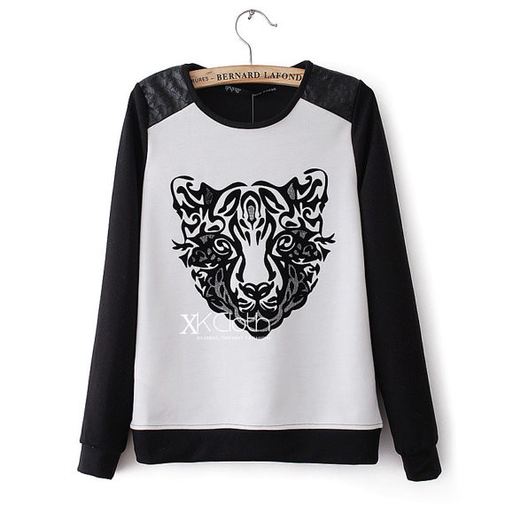 Jumper With Leopard Patternt1403 Casual Sweater Black Long Sleeves Knit Wear Outerwear Misery Jumper Tops Bohemian Shirts