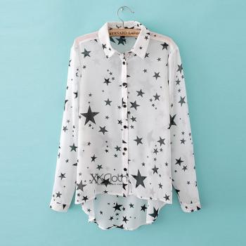 Chiffon Blouse With Stars Printed T1391 Women Chiffon Blouse/Heart Blouse/Top/Casual Blouse/Sheer Chiffon Blouse/New/on sale/large